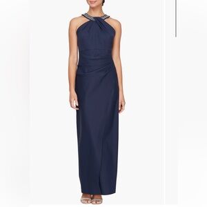 Alex Evenings Halter Neck Column Evening Gown Navy Blue Size 8. VG Condition